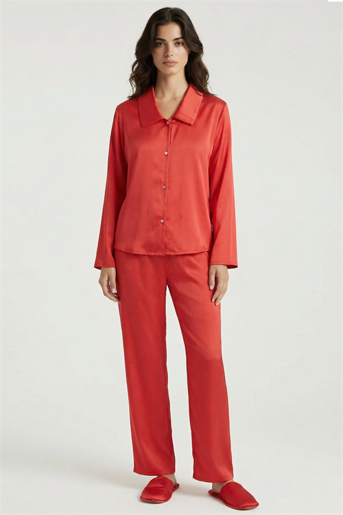 Amoris Nar Çiçeği Uzun Saten Pijama Takımı