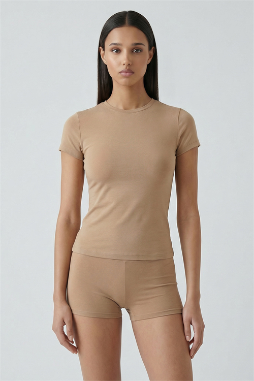 Cotvie Kahve Pamuklu Bisiklet Yaka T-shirt