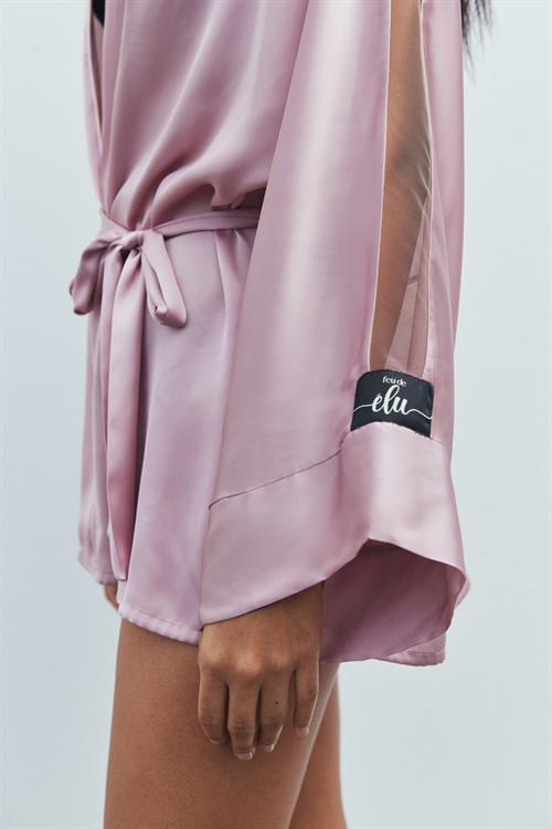 Flamme Tül Detaylı Gül Kurusu Kısa Saten Sabahlık / Kimono