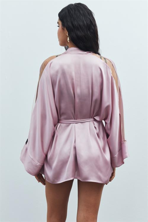 Flamme Tül Detaylı Gül Kurusu Kısa Saten Sabahlık / Kimono