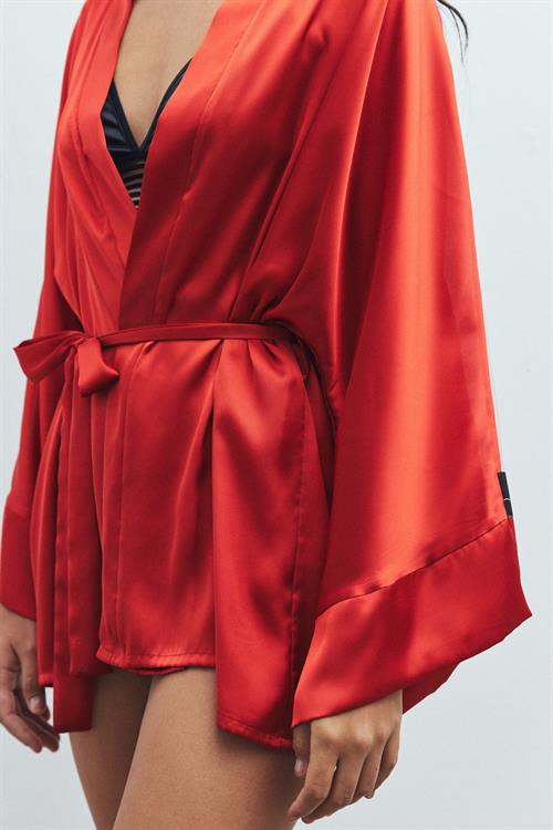 Flamme Tül Detaylı Kiremit Kısa Saten Sabahlık / Kimono