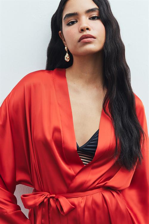 Flamme Tül Detaylı Kiremit Kısa Saten Sabahlık / Kimono