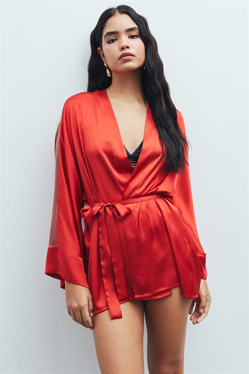 Flamme Tül Detaylı Kiremit Kısa Saten Sabahlık / Kimono