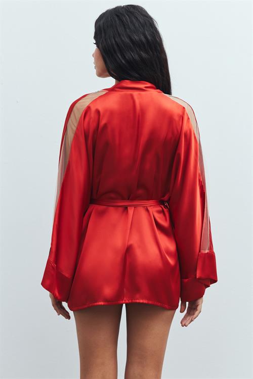 Flamme Tül Detaylı Kiremit Kısa Saten Sabahlık / Kimono