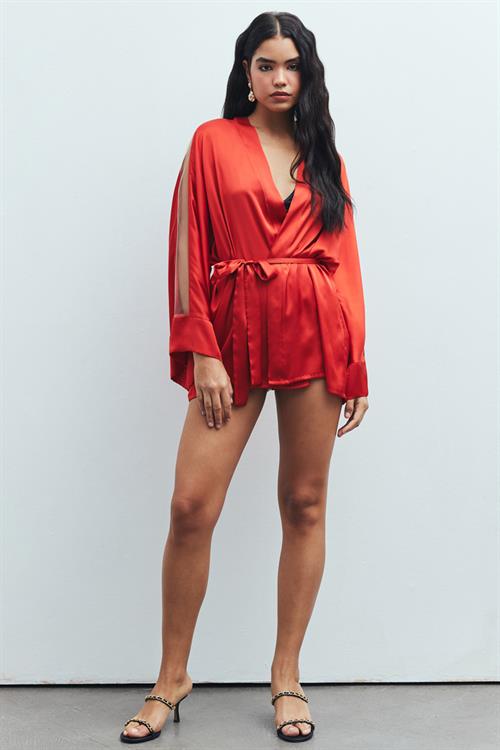 Flamme Tül Detaylı Kiremit Kısa Saten Sabahlık / Kimono