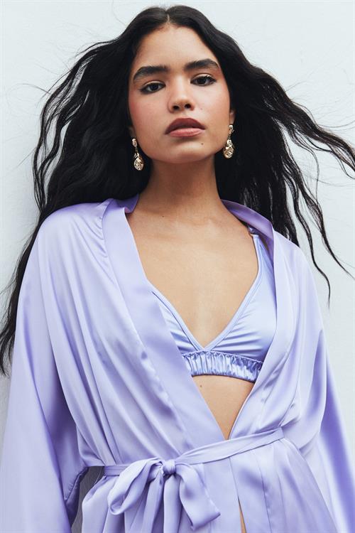 Flamme Tül Detaylı Lila Kısa Saten Sabahlık / Kimono