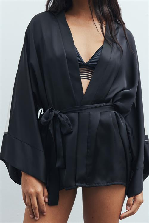 Flamme Tül Detaylı Siyah Kısa Saten Sabahlık / Kimono