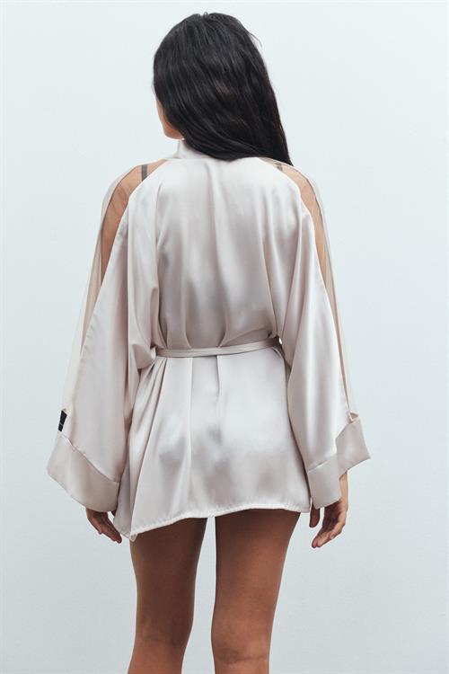 Flamme Tül Detaylı Taş Kısa Saten Sabahlık / Kimono