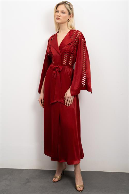 Frank Grogren Detailed Satin Bordeaux Morning Gown / Kimono