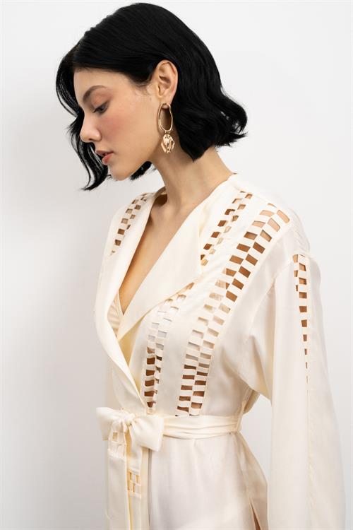 Frank Grogren Detailed Satin Ecru Morning Gown / Kimono