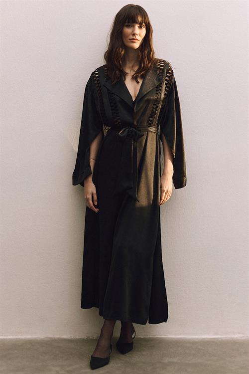 Frank Grogren Detailed Satin Black Morning Gown / Kimono