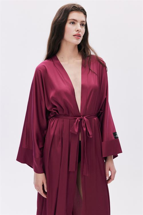 Frappant Bordo Uzun Saten Sabahlık / Kimono
