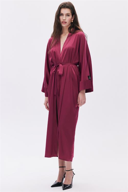 Frappant Bordo Uzun Saten Sabahlık / Kimono