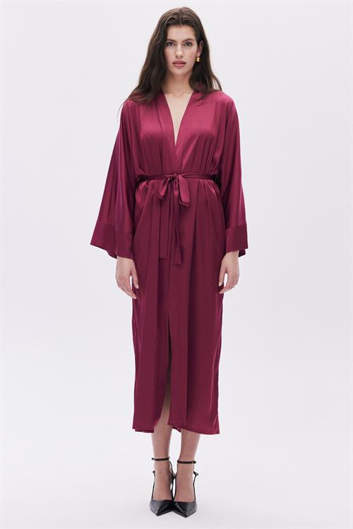 Frappant Bordo Uzun Saten Sabahlık / Kimono