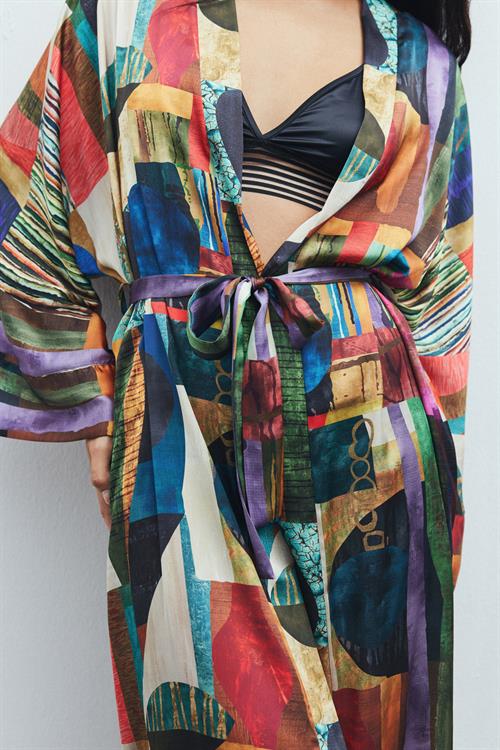 Frappant Coloré Desenli Uzun Saten Sabahlık / Kimono