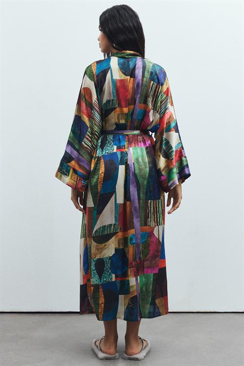 Frappant Coloré Desenli Uzun Saten Sabahlık / Kimono