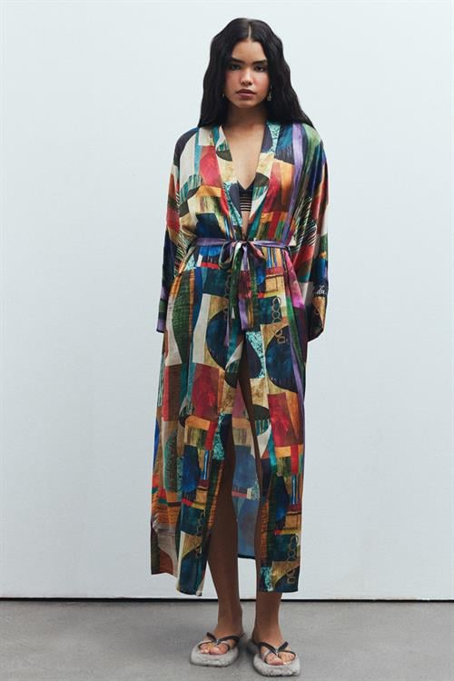 Frappant Coloré Desenli Uzun Saten Sabahlık / Kimono