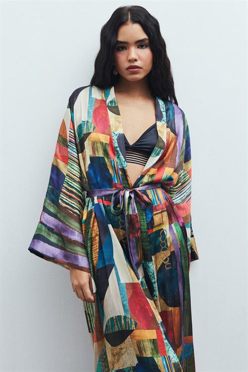 Frappant Coloré Desenli Uzun Saten Sabahlık / Kimono