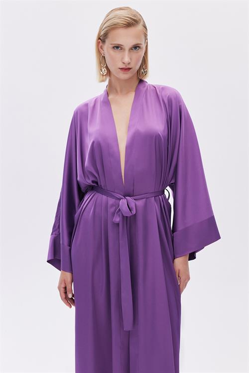 Frappant Eflatun Uzun Saten Sabahlık / Kimono
