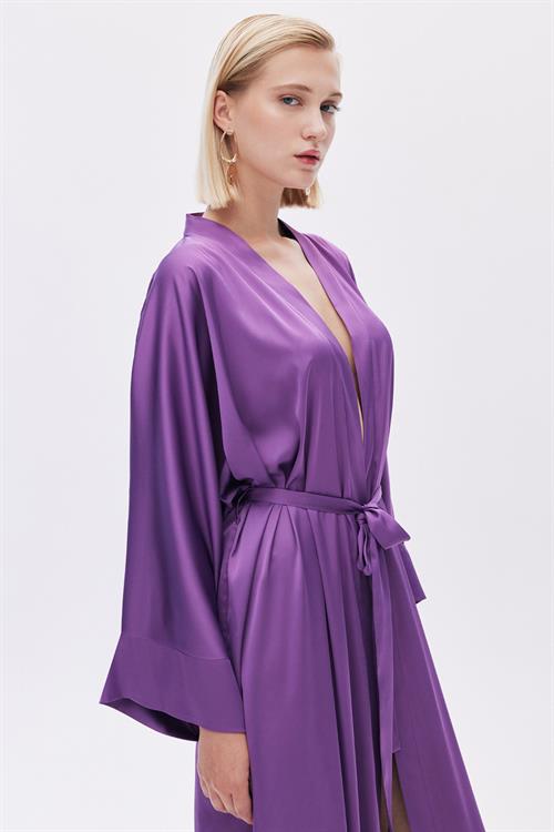 Frappant Eflatun Uzun Saten Sabahlık / Kimono