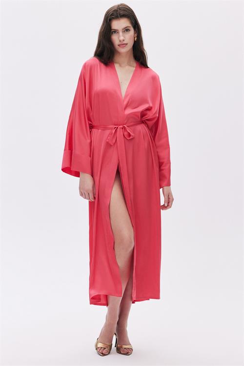 Frappant Elu Pembesi Uzun Saten Sabahlık / Kimono
