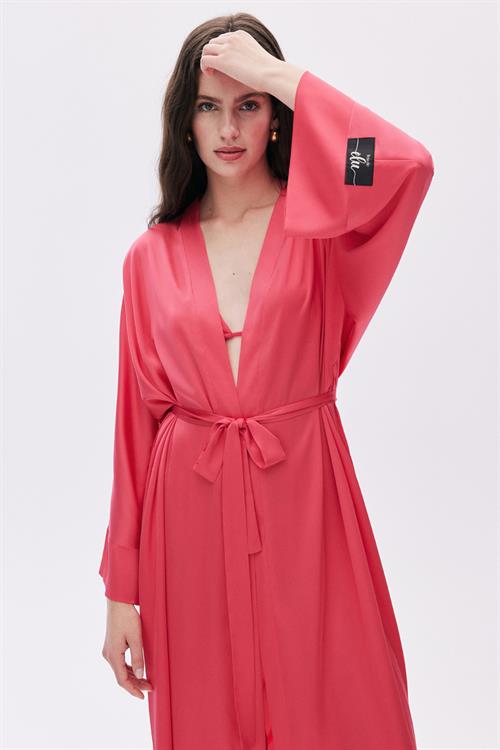 Frappant Elu Pembesi Uzun Saten Sabahlık / Kimono