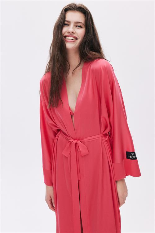 Frappant Elu Pembesi Uzun Saten Sabahlık / Kimono