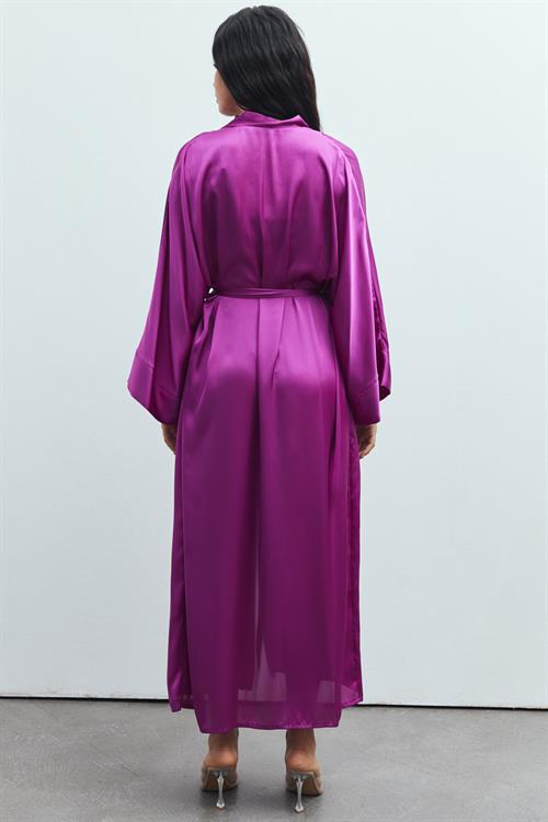 Frappant Fuşya Uzun Saten Sabahlık / Kimono