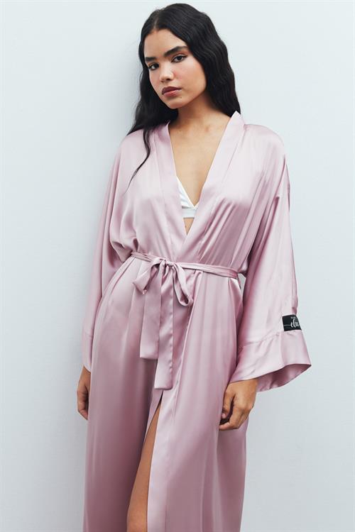 Frappant Gül Kurusu Uzun Saten Sabahlık / Kimono