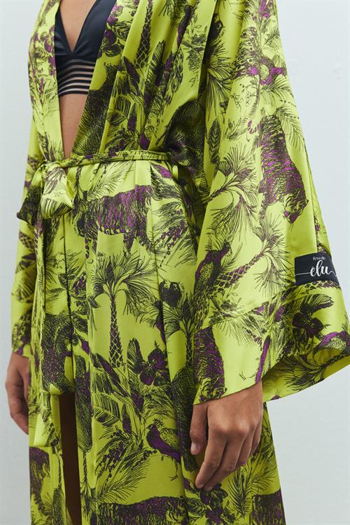 Frappant Jardin Desenli Uzun Saten Sabahlık / Kimono