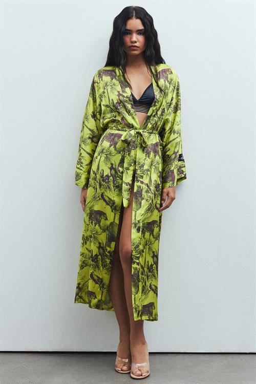 Frappant Jardin Desenli Uzun Saten Sabahlık / Kimono