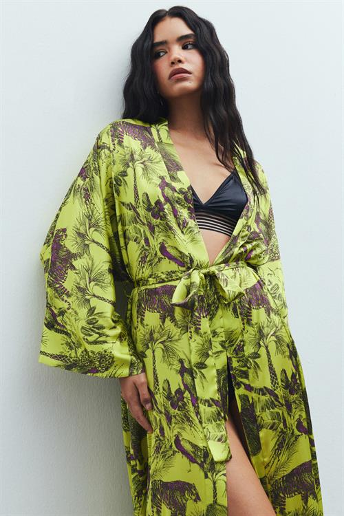 Frappant Jardin Desenli Uzun Saten Sabahlık / Kimono