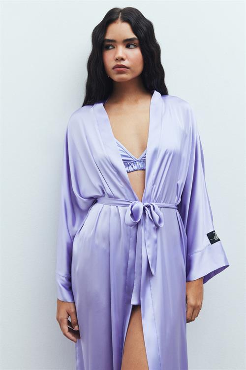 Frappant Lila Uzun Saten Sabahlık / Kimono