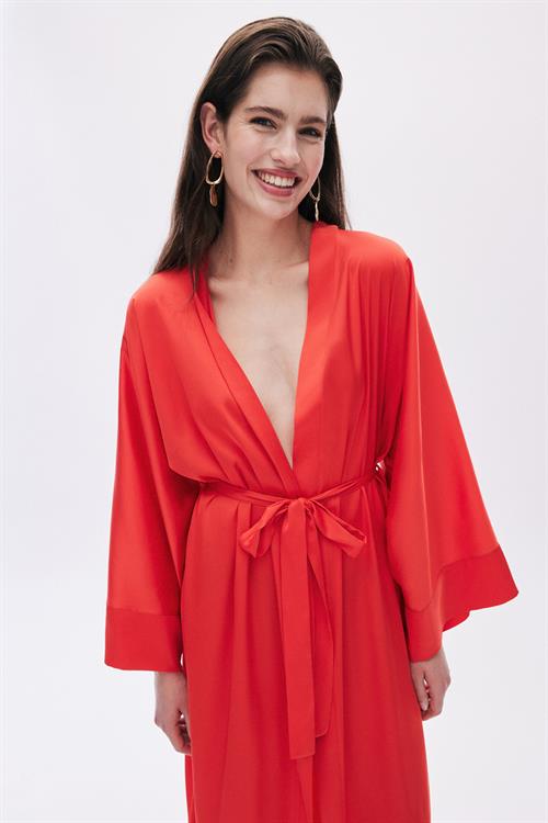 Frappant Nar Çiçeği Uzun Saten Sabahlık / Kimono