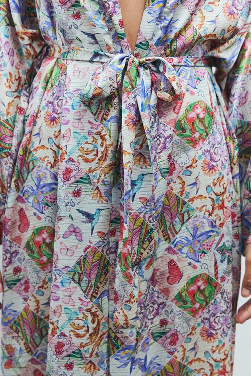 Frappant Petit Desenli Uzun Saten Sabahlık / Kimono