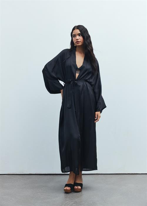 Frappant Siyah Uzun Saten Sabahlık / Kimono