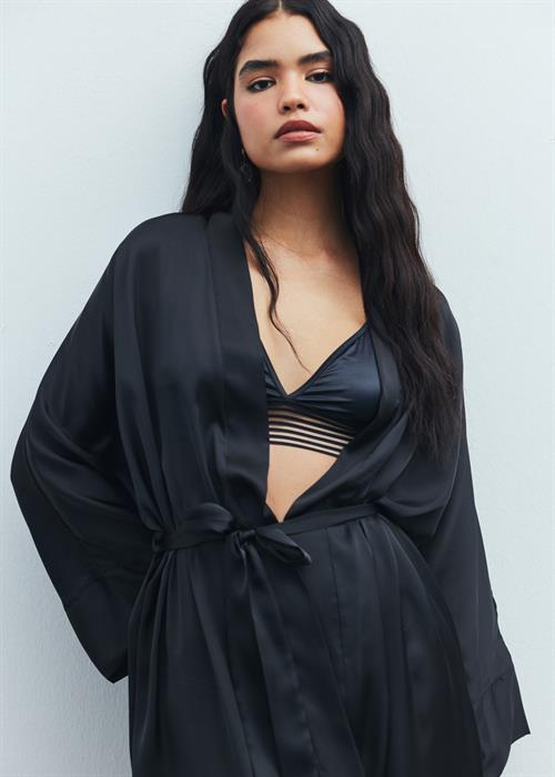 Frappant Siyah Uzun Saten Sabahlık / Kimono