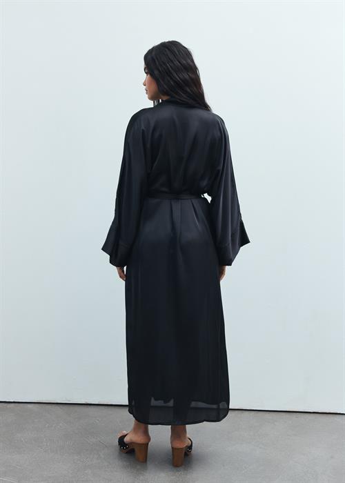 Frappant Siyah Uzun Saten Sabahlık / Kimono