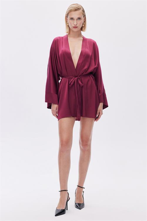 Fumée Bordo Kısa Saten Sabahlık / Kimono