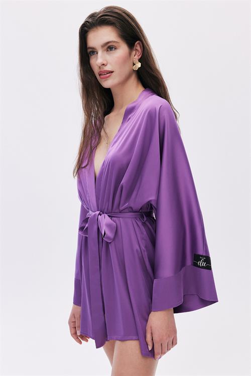 Fumée Eflatun Kısa Saten Sabahlık / Kimono