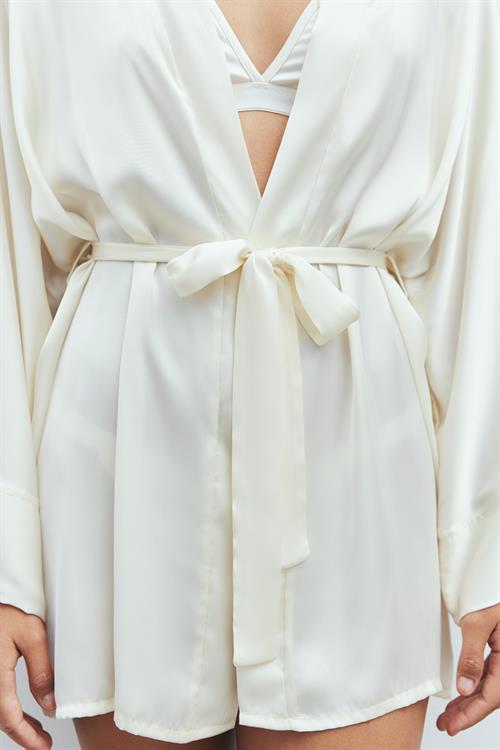 Fumée Ekru Kısa Saten Sabahlık / Kimono