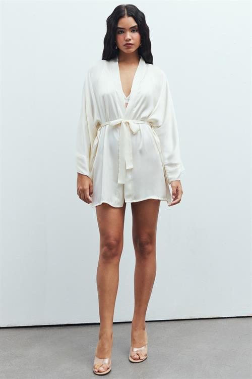 Fumée Ekru Kısa Saten Sabahlık / Kimono