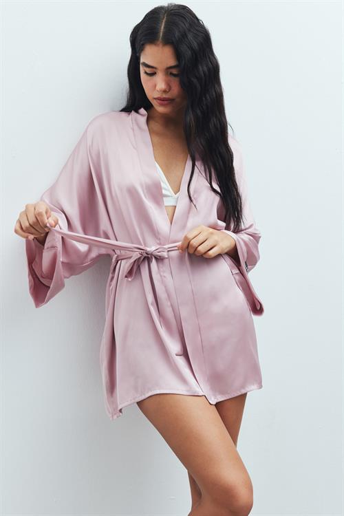 Fumée Gül Kurusu Kısa Saten Sabahlık / Kimono
