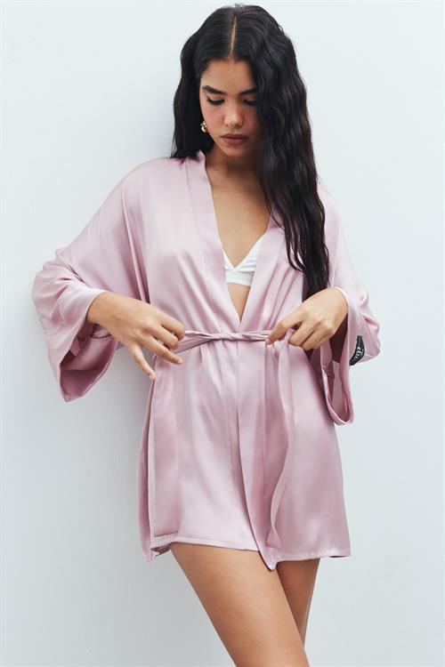 Fumée Gül Kurusu Kısa Saten Sabahlık / Kimono
