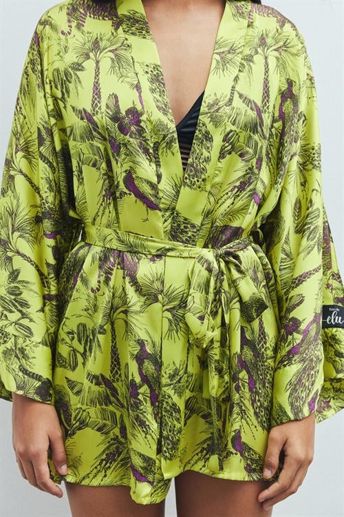 Fumée Jardin Desenli Kısa Saten Sabahlık / Kimono