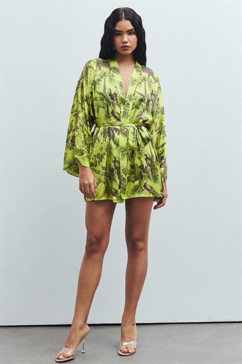 Fumée Jardin Desenli Kısa Saten Sabahlık / Kimono