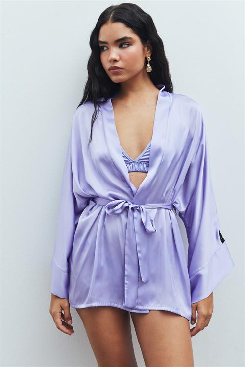 Fumée Lila Kısa Saten Sabahlık / Kimono
