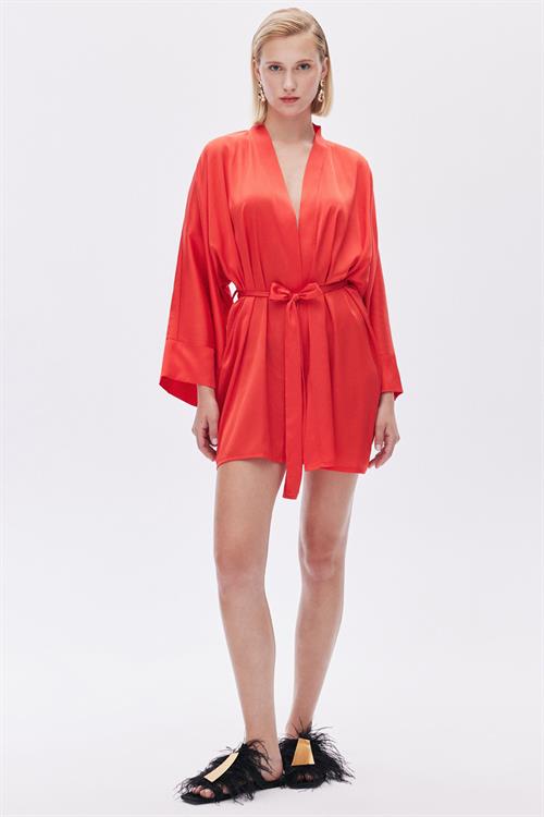 Fumée Nar Çiçeği Kısa Saten Sabahlık / Kimono