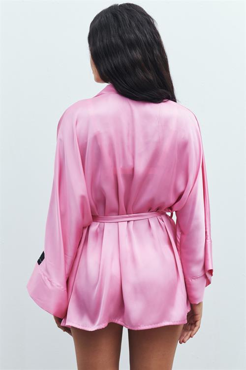 Fumée Şeker Pembesi Kısa Saten Sabahlık / Kimono