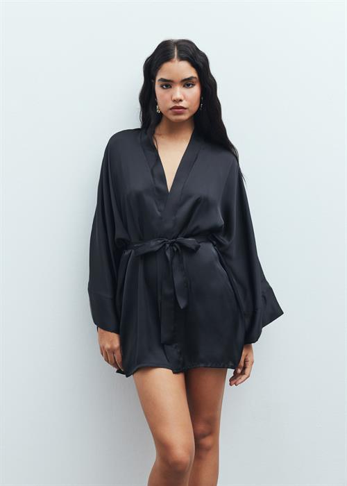 Fumée Siyah Kısa Saten Sabahlık / Kimono